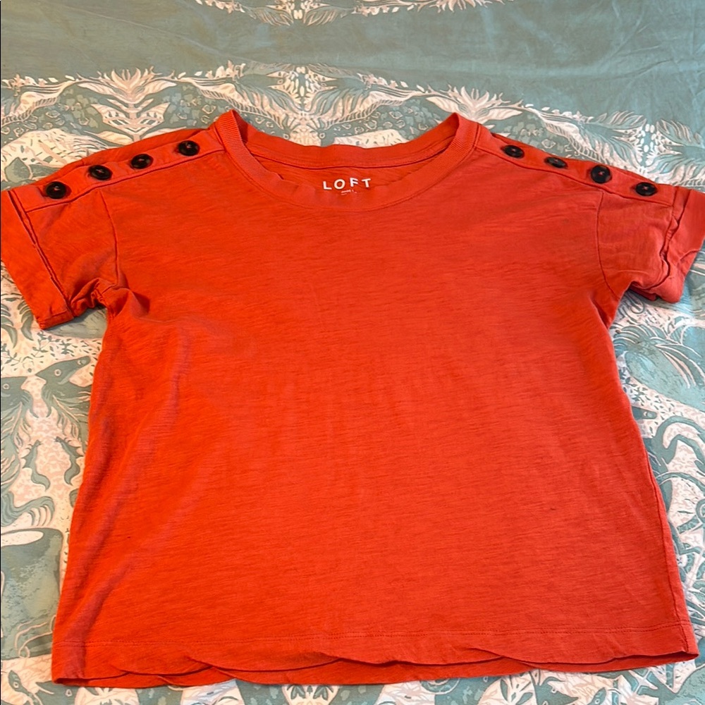 LOFT Coral Orange Short Sleeve Tee with Button Sleeves